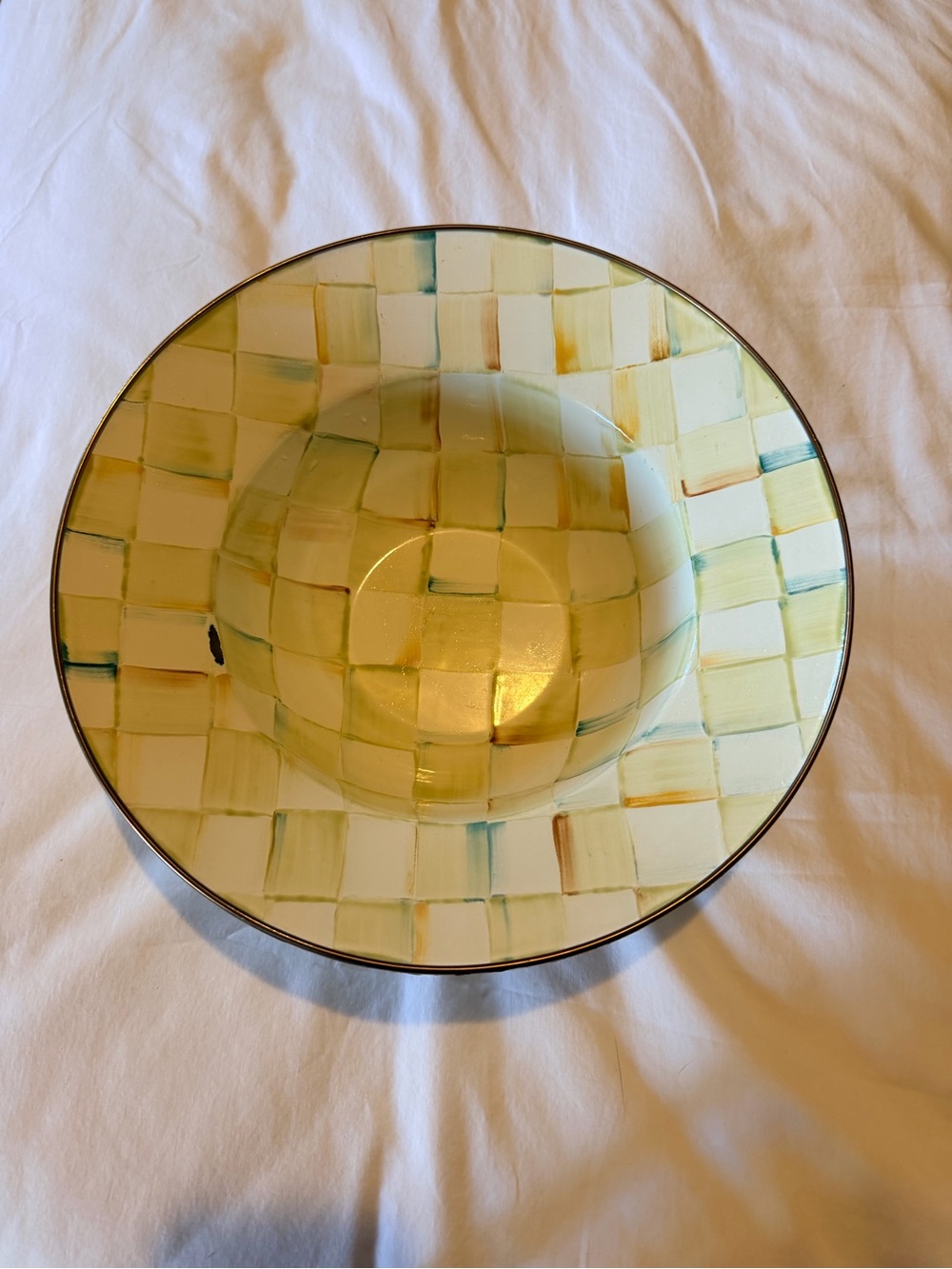 MacKenzie-Childs Yellow and Cream checked Serving Bowl with Gold Rim